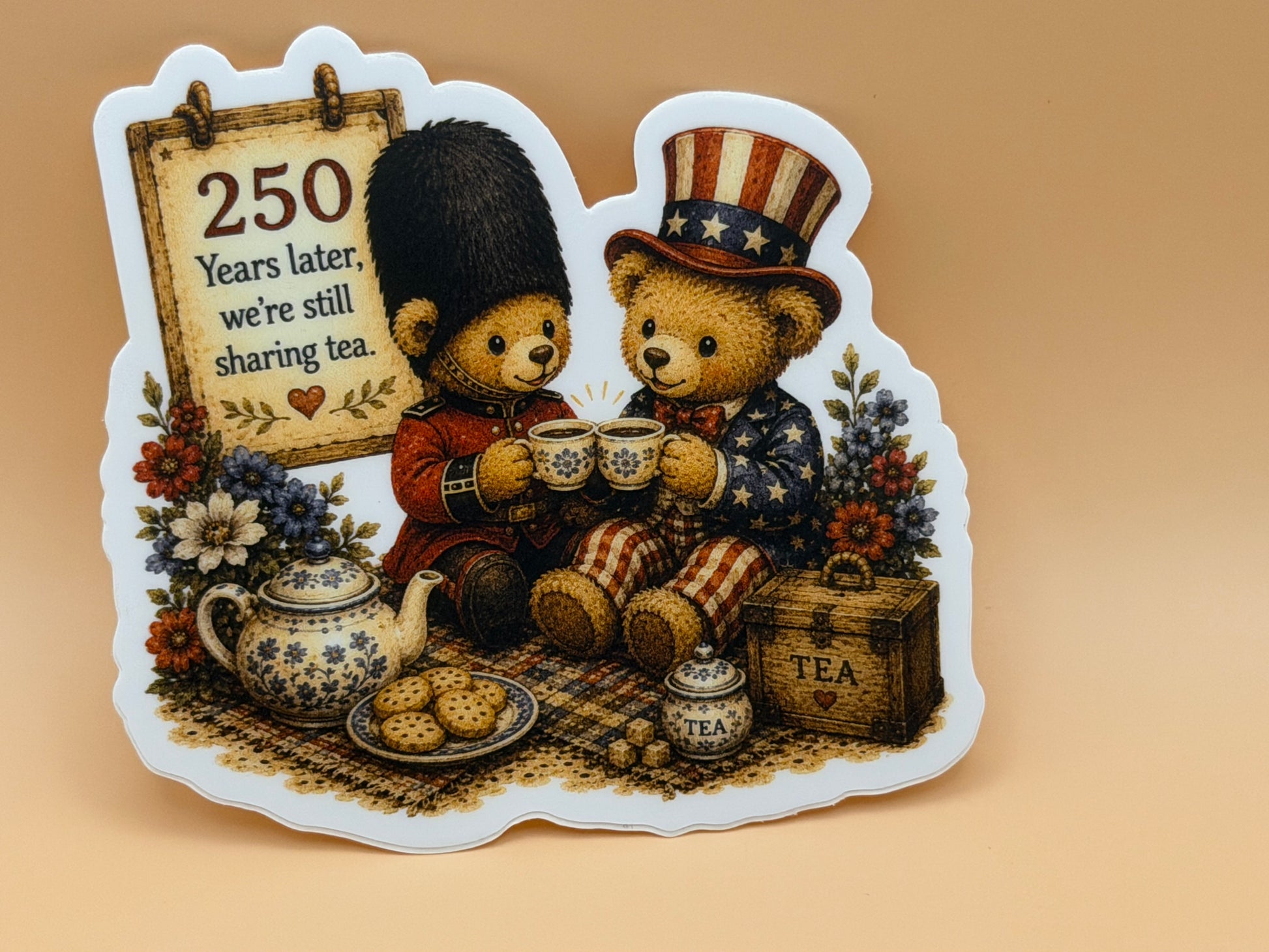 250th Anniversary  English and American teddy bears sharing tea sticker