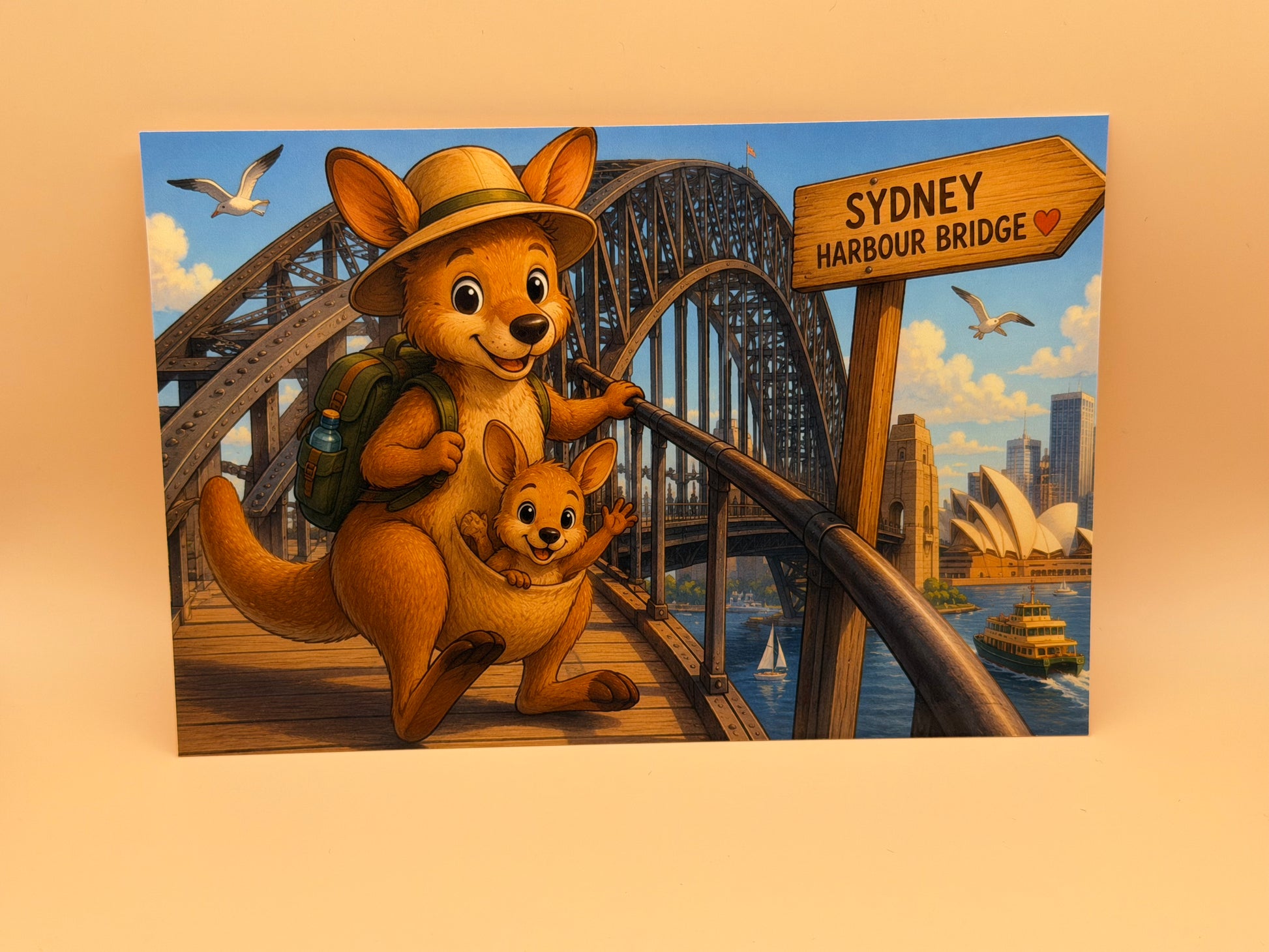 Kangaroo & Joey at Sydney Harbour Bridge Art Postcard | Australia Friends